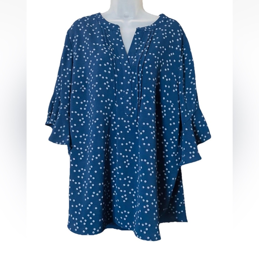Olivia & Martin Women's Blouse Navy Blue Dot Ruffle 3/4 Sleeve Plus Size 1X